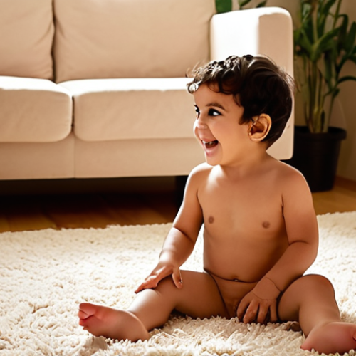 Home 19 An Arab child, a young toddler, is in a brightly lit, cozy living room, sitting comfortably on a soft rug. The child is joyfully engaged and deeply focused, their face illuminated with an expression of peace, trust, and warmth, as if listening to a comforting and familiar human voice. Soft, diffused lighting creates an atmosphere of safety and emotional connection, highlighting the child's serene happiness and implicit learning. The image should convey the irreplaceable sense of security and genuine interaction fostered by a human voice.