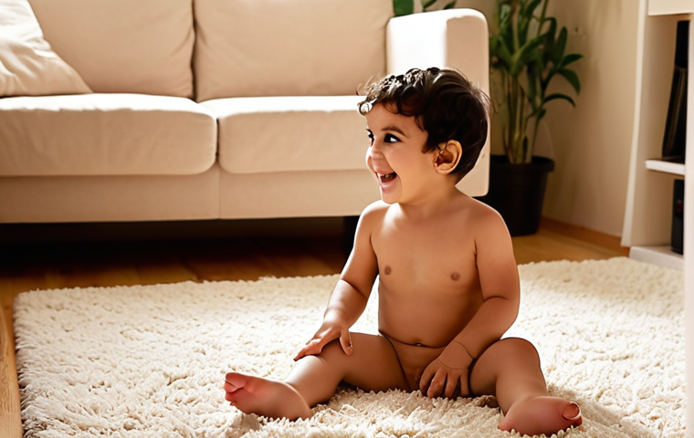 An Arab child, a young toddler, is in a brightly lit, cozy living room, sitting comfortably on a soft rug. The child is joyfully engaged and deeply focused, their face illuminated with an expression of peace, trust, and warmth, as if listening to a comforting and familiar human voice. Soft, diffused lighting creates an atmosphere of safety and emotional connection, highlighting the child's serene happiness and implicit learning. The image should convey the irreplaceable sense of security and genuine interaction fostered by a human voice.