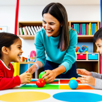 A joyful and engaging female content creator, 'Hejiny,' in a vibrant, modest, and appropriate casual outfit, is interacting with a diverse group of happy children in a brightly lit, modern interactive playroom. They are all fully clothed and engaged in a fun, hands-on educational craft activity, with colorful materials spread around. The children are smiling, participating actively, and looking up at Hejiny with admiration. The background features cheerful educational toys and soft, inspiring decor. This scene perfectly embodies family-friendly entertainment and learning through play. safe for work, appropriate content, professional, perfect anatomy, correct proportions, natural pose, well-formed hands, proper finger count, natural body proportions.