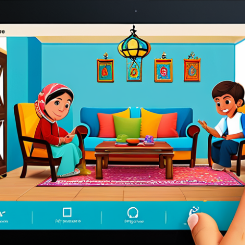 Home 8 **
"A bright and colorful illustration of children playing educational games on the "Hey Genie" app on a tablet. The background shows a cozy living room setting with Arabic-style furniture and decorations. The children are fully clothed in modest, everyday clothing. Safe for work, appropriate content, professional illustration, family-friendly, perfect anatomy, natural proportions, well-formed hands, proper finger count."
**