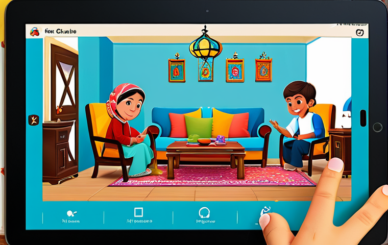 **

"A bright and colorful illustration of children playing educational games on the "Hey Genie" app on a tablet. The background shows a cozy living room setting with Arabic-style furniture and decorations. The children are fully clothed in modest, everyday clothing. Safe for work, appropriate content, professional illustration, family-friendly, perfect anatomy, natural proportions, well-formed hands, proper finger count."

**
