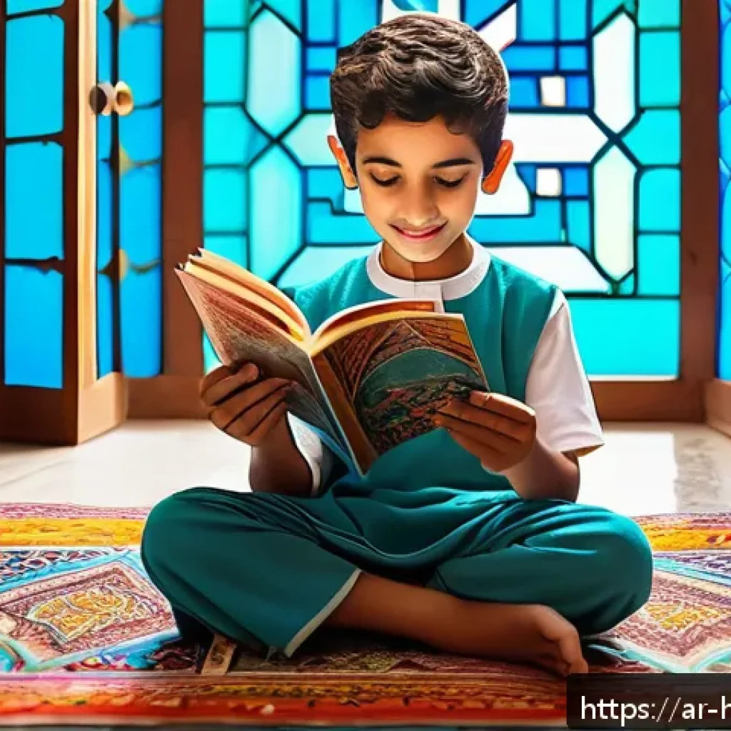 헤이지니의 그림책 출판 - A vibrant, colorful scene of an Arab child wearing modest clothing and sitting cross-legged on a pat...