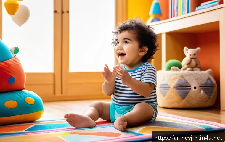 헤이지니의 동요 콘텐츠 - A warm, cozy Arabic-style children's playroom featuring a toddler wearing a colorful diaper, joyfull...